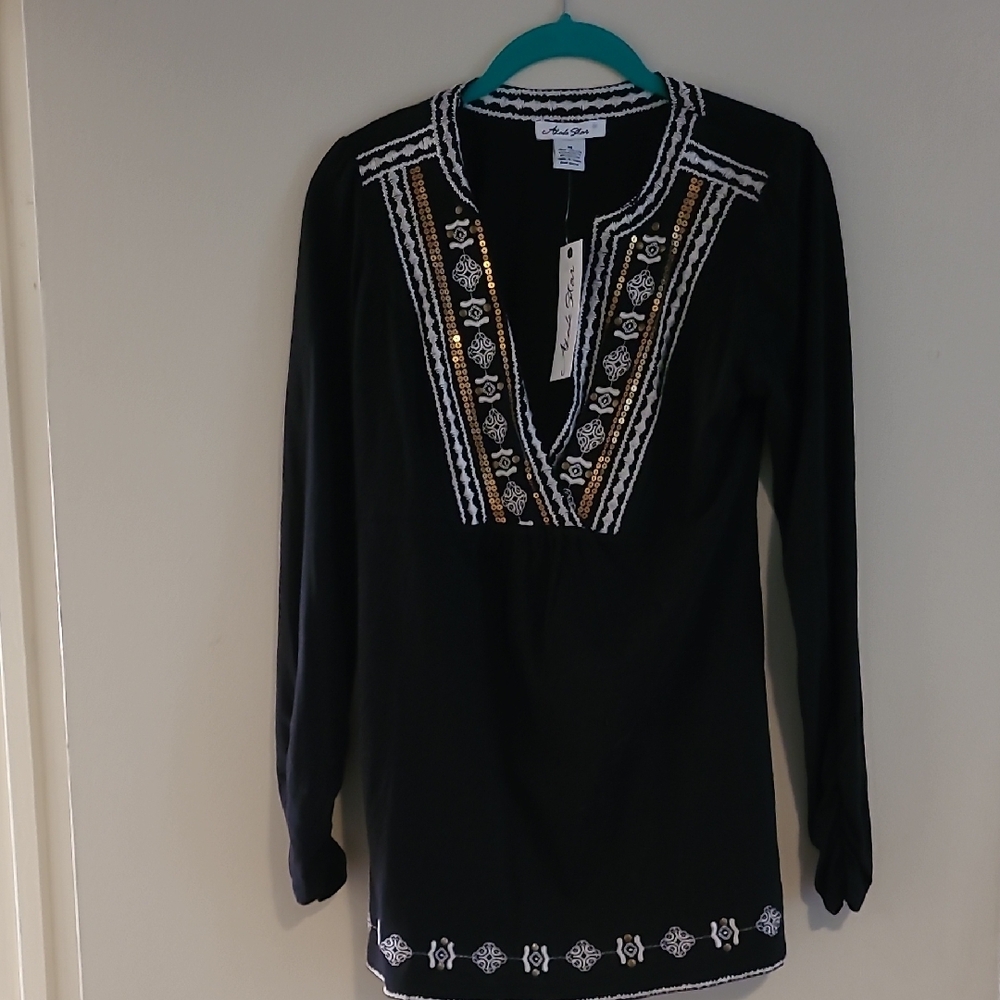Embroidered Black Tunic Top With Copper Seqence